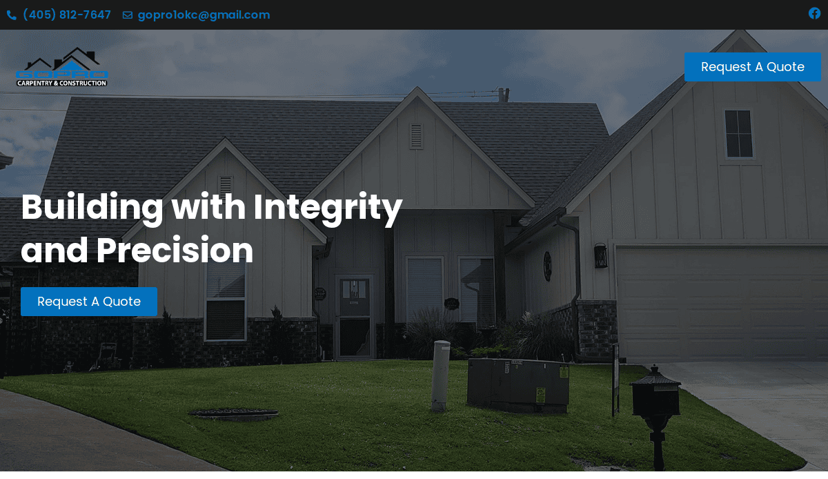 A beige house with a steep roof and stone accents is shown, reflecting the craftsmanship of expert cabinet makers. A banner reads Building with Integrity and Precision, with Request A Quote buttons, company logo, and contact info featured at the top.