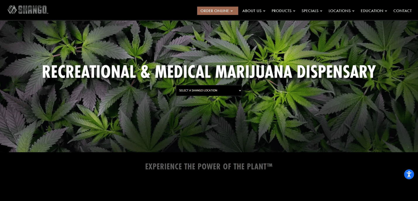 Homepage features a compliant cannabis website design with a background of green marijuana leaves and bold text stating Recreational & Medical Marijuana Dispensary. A button below reads, Select Shangri-La Location.