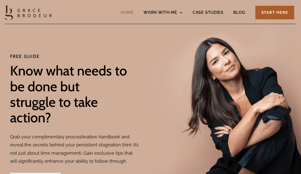 A woman with long dark hair sits confidently in a black outfit, resting her chin on her hand. Text beside her promotes a free guide on how to plan with purpose and overcome procrastination, offered by Grace Brodeur.