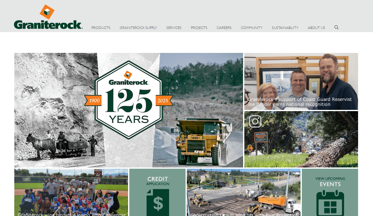 Screenshot of Graniterock’s website homepage featuring a 125th anniversary logo, modern website design, images of construction, heavy machinery, staff, community events, and navigation links for products, services, projects, and Asphalt contractor information.