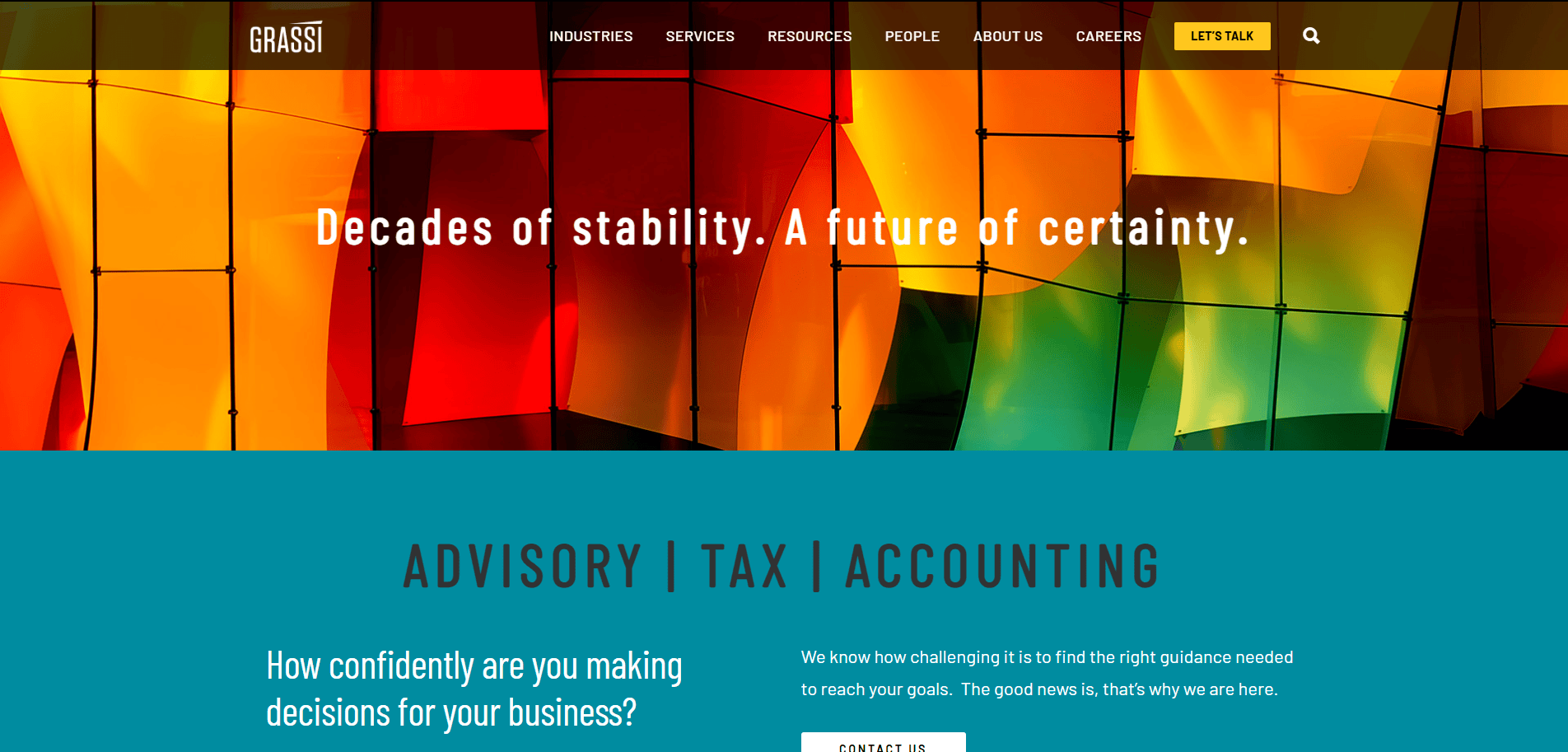 Homepage of Grassi, a leading accounting firm, featuring a colorful abstract glass background, the message Decades of stability. A future of certainty., and navigation links for industries, services, resources, people, about us, careers, and contact.