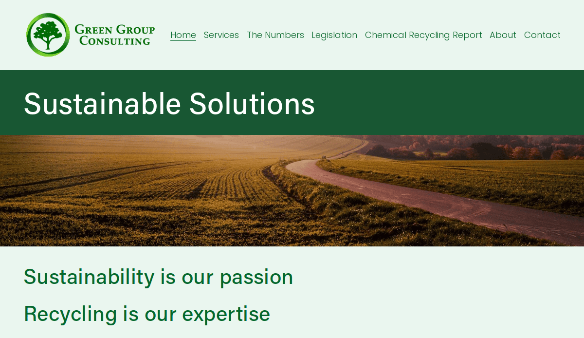 A consulting firm’s website homepage with a green theme, showing a rural landscape with fields and a winding road. Text reads: “Sustainable Solutions. Sustainability is our passion. Expert consultant website design that wins clients.”.