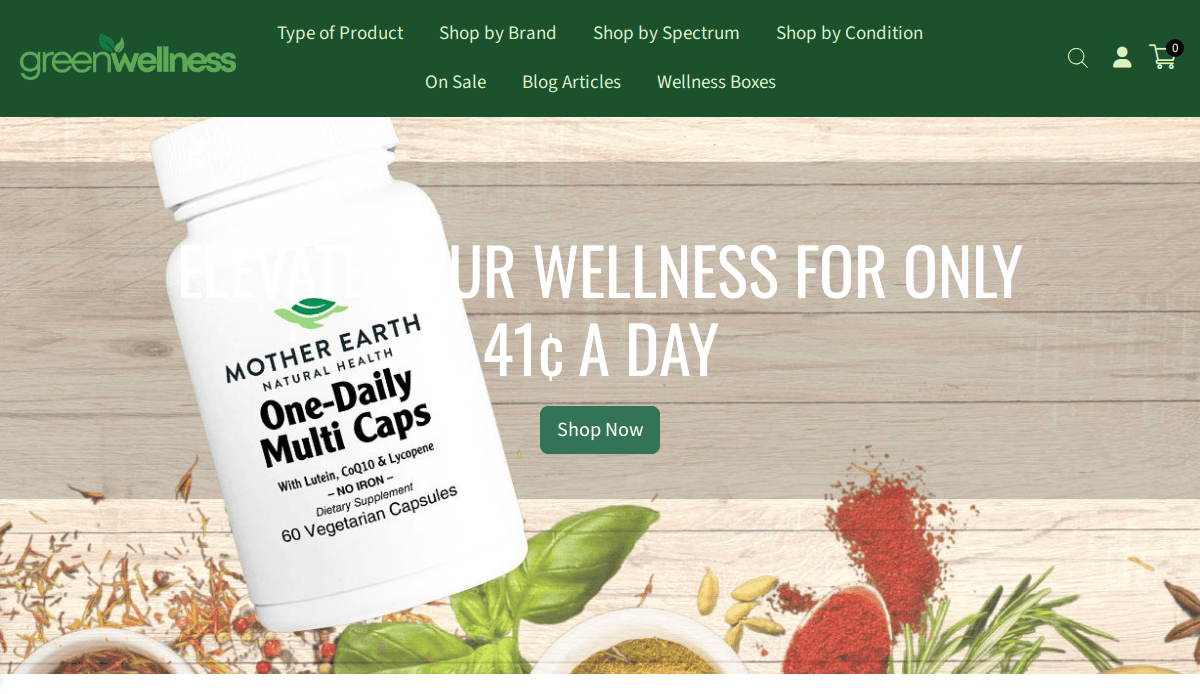 A bottle of Mother Earth One-Daily Multi Caps is featured on a Green Wellness banner, promoting wellness with a Shop Now button. The CBD online store’s background highlights herbs and supplements for a holistic feel.