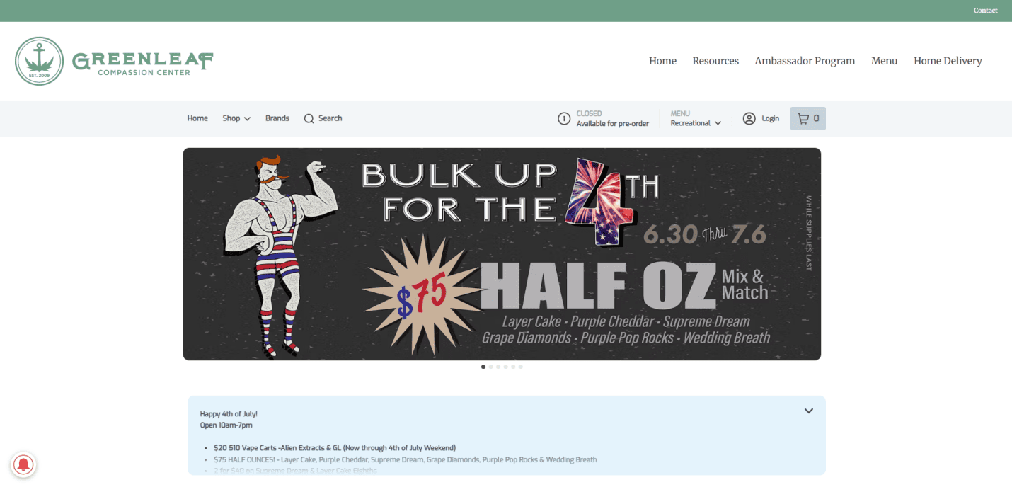 A website banner for Greenleaf Compassion Center’s Bulk Up for the 4th sale showcases $75 half ounces of cannabis, featuring a muscular cartoon man in patriotic attire, with a festive Fourth of July theme and sleek cannabis website design.