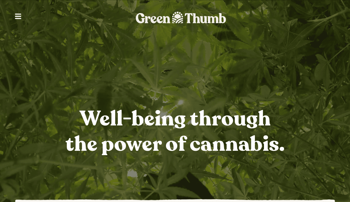 Dense green cannabis leaves with the words “Green Thumb” at the top and “Well-being through the power of cannabis.” in bold white letters across the center, showcasing sleek Cannabis website design.