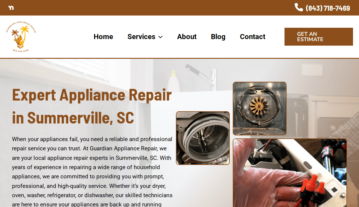 Screenshot of Guardian Appliance Repair’s professional website design in Summerville, SC. The page displays the company logo, contact number, navigation menu, and appliance repair photos beside a headline about expert repair services.