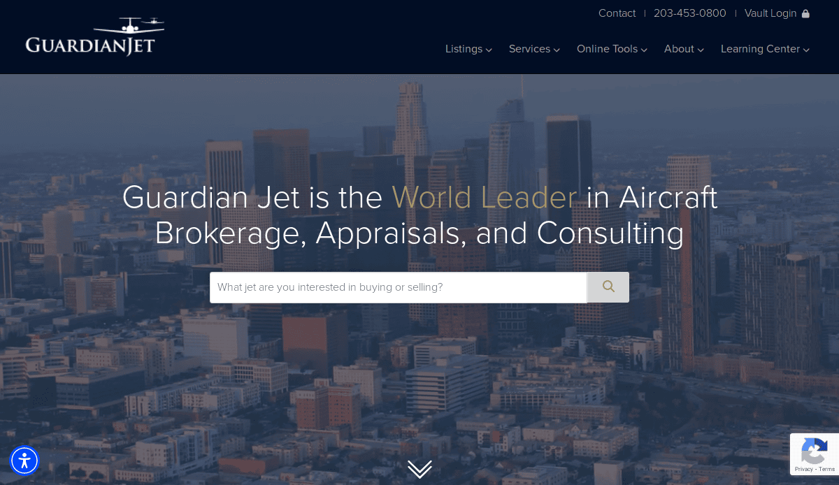 Screenshot of the Guardian Jet homepage, showcasing modern Aviation website design with a cityscape background, company logo, navigation links, a tagline about aircraft brokerage, and a digital hangar-inspired search bar for buying or selling jets.
