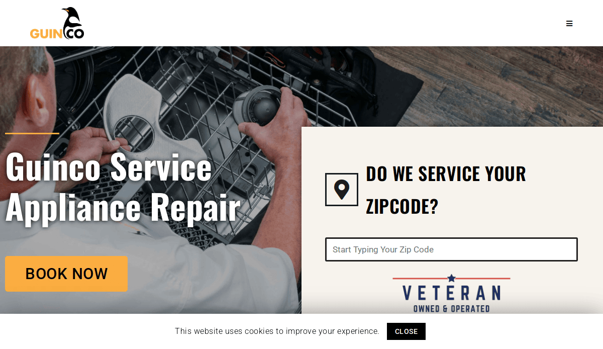 A person loads dishes into a dishwasher. Text reads Guinco Service Professional Appliance Repair with a Book Now button, a zip code search box, and a Veteran Owned & Operated badge—showcasing expert service and thoughtful website design.