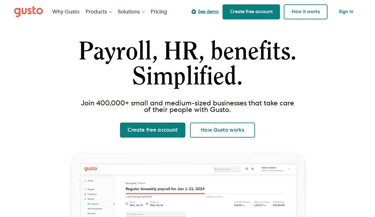 Screenshot of Gusto’s homepage featuring the headline “Payroll, HR, benefits. Simplified.” and buttons for creating a free account or learning how Gusto works—an example of effective B2B website design with a clean menu and payroll dashboard preview below.