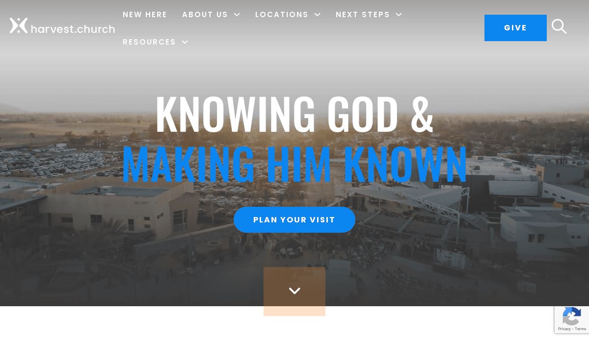 Aerial view of a large church campus with crowds and parked cars; white text reads “Knowing God & Making Him Known.” A well-crafted church homepage features website navigation and a “Plan Your Visit” button over the image.