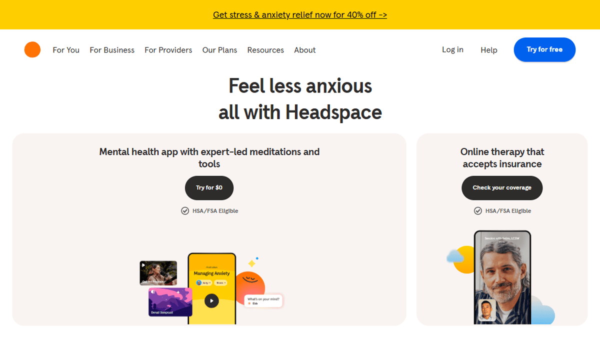 Screenshot of the Headspace health website displaying mental health & wellness support options, including app meditations and online therapy. The top banner highlights a 40% discount for stress and anxiety relief.