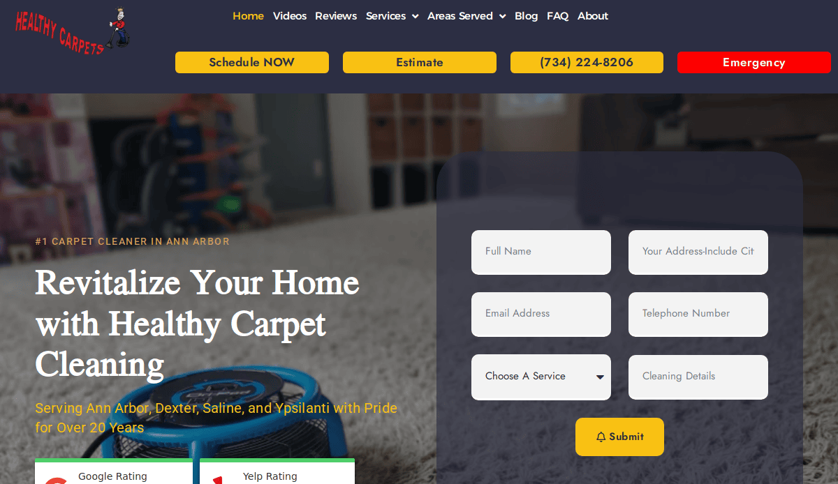 A website homepage for Healthy Carpets features a banner with navigation links and a yellow call-to-action bar. The main section promotes carpet cleaning and showcases a website design that attracts and converts visitors using a service form for user details and choices.
