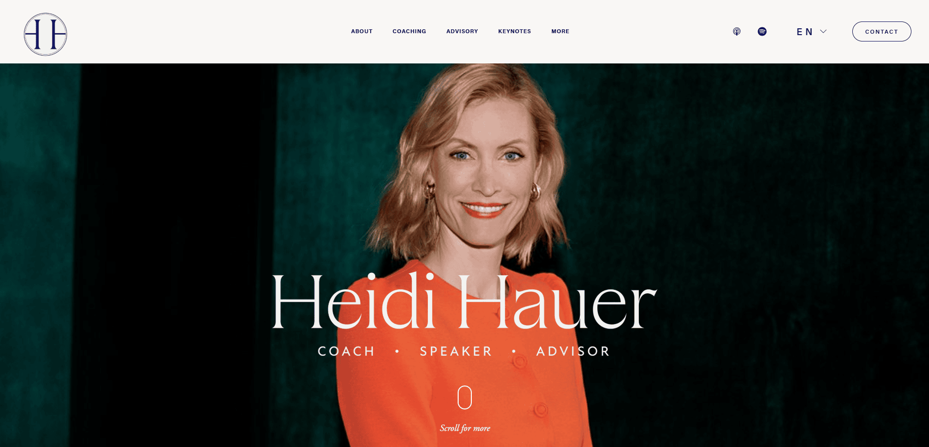 A smiling woman with blonde hair wearing an orange top stands before a dark green background. Text reads Heidi Hauer, Coach, Speaker, Advisor—showcasing how to build a coaching website and plan with purpose. Website navigation appears at the top.