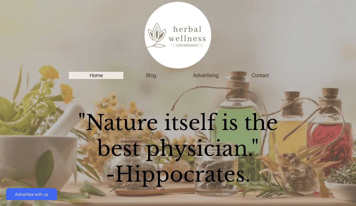Herbal wellness homepage with plants, flowers, and glass jars on a table. Large quote reads, “Nature itself is the best physician. –Hippocrates.” Features Cannabis website design for a compliant site with easy navigation and “Advertise with us” button.
