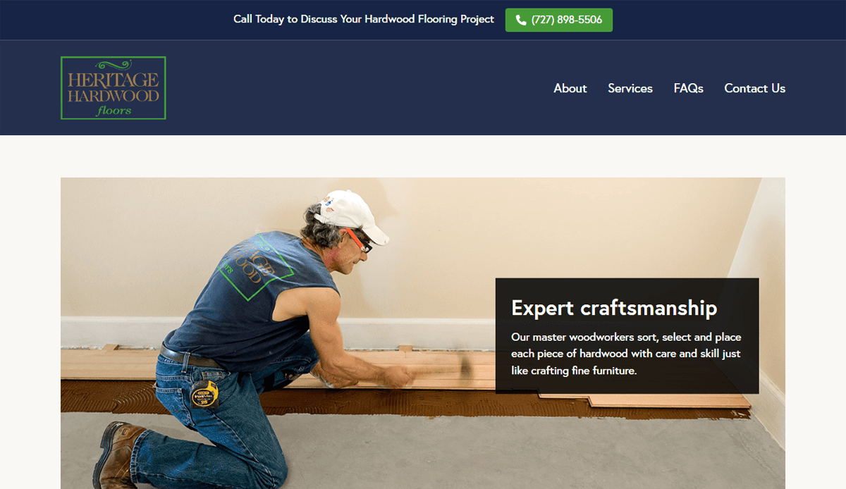 A man wearing a cap and glasses installs hardwood flooring along a beige wall. A text box reads: Expert craftsmanship. Our master woodworkers deliver top performance, sorting and placing each piece of hardwood with care and skill just like crafting fine furniture.