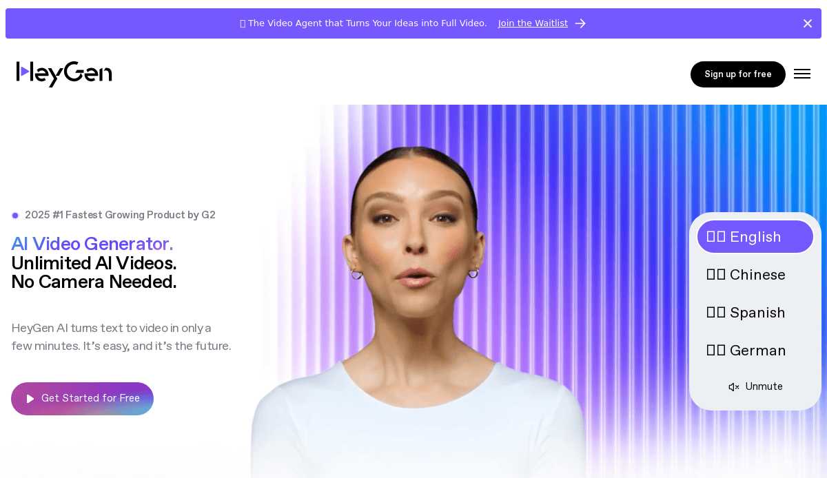 A woman with slicked-back hair and a white shirt speaks in front of vertical blue and purple gradient lines. Text promotes HeyGen, an AI video generator, highlighting Website Structure tips and options for English, Chinese, Spanish, and German.
