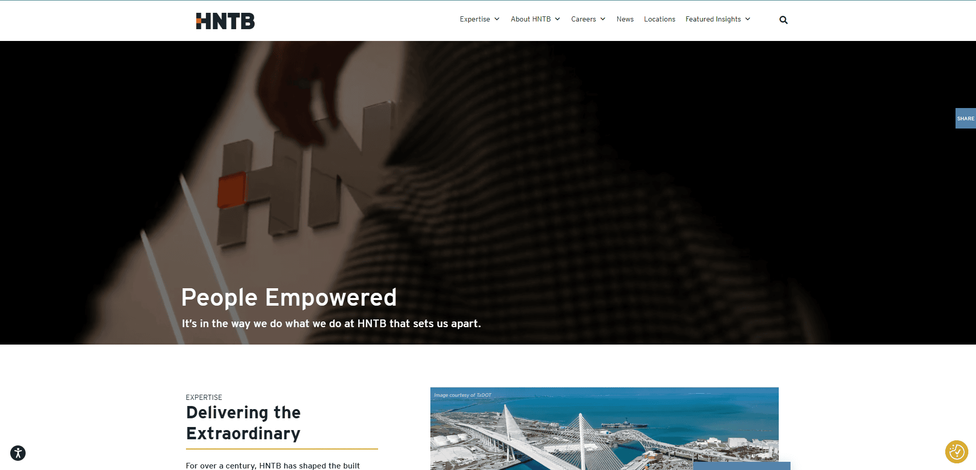A website homepage for HNTB featuring the company logo, a banner reading People Empowered, and navigation links for Expertise, About HNTB, Careers, News, Locations, and Featured Insights—showcasing innovative website design in civil engineering.