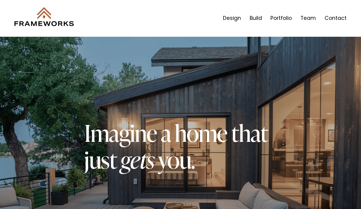 Modern home with large glass windows and a wooden exterior, surrounded by trees and outdoor seating. Text on the image reads: Imagine a home that just gets you. Perfect for showcasing Website Design or Bathroom Remodeling expertise. Frameworks logo at the top.