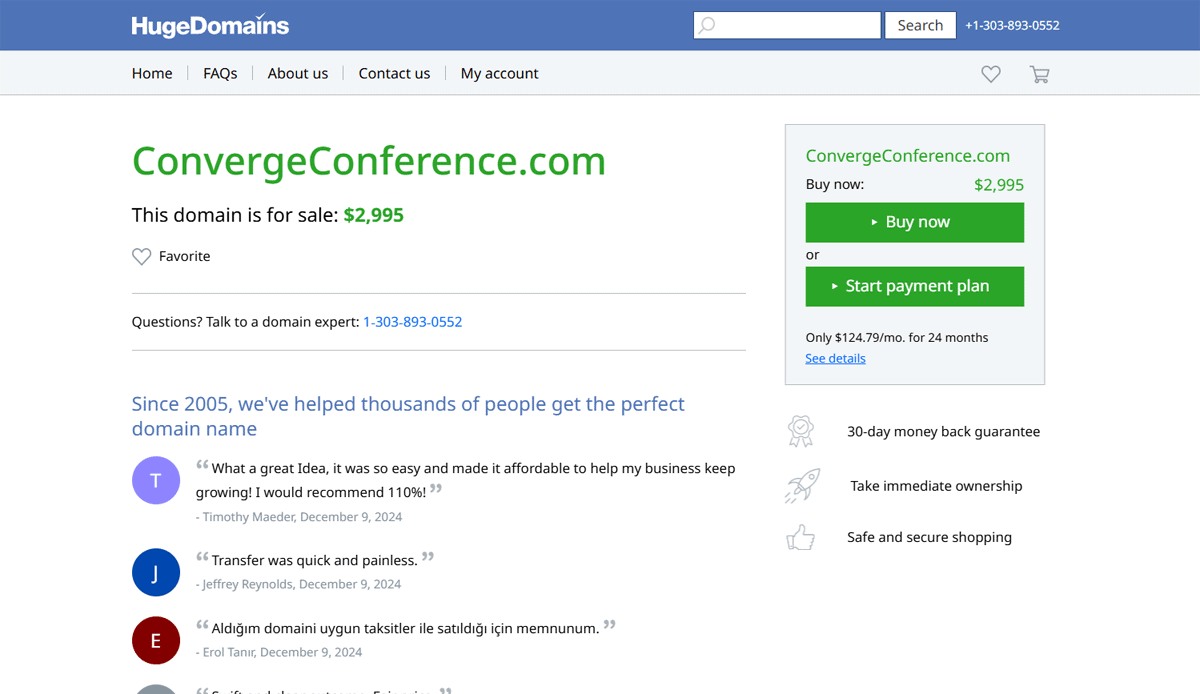 Screenshot of a domain sales page for ConvergeConference.com on HugeDomains.com, perfect for your next conference website design, showing the $2,995 price, purchase options, customer reviews, and features like a money-back guarantee and payment plans.