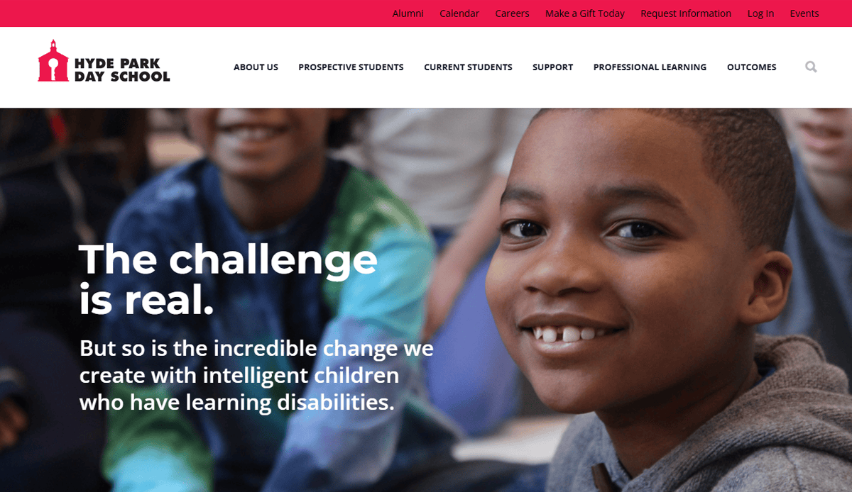A smiling boy sits in a classroom with other children. Overlaid text reads, “The challenge is real. But so is the incredible change we create with intelligent children who have learning disabilities—just like the best school website inspires growth.”.