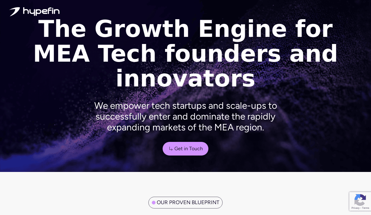 A homepage for hypefin with the headline The Growth Engine for MEA Tech founders and innovators, designed to help you win clients. Features a Get in Touch button over a striking purple and black abstract background—ideal for consultant website design.
