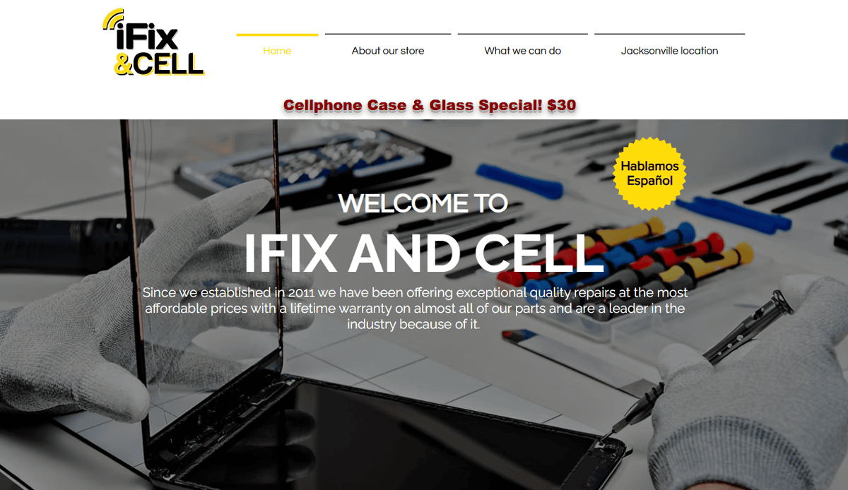 Screenshot of the iFix and Cell cell phone repair website homepage featuring a banner about cellphone repair, a navigation menu, and a background image of hands repairing a smartphone with tools and device parts on a table.