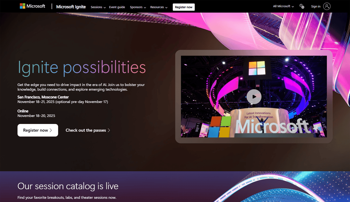 Screenshot of the Microsoft Ignite conference website design, featuring the tagline Ignite possibilities, event dates, a Register now button, and a large image of a keynote stage with Microsoft branding and colorful lighting.