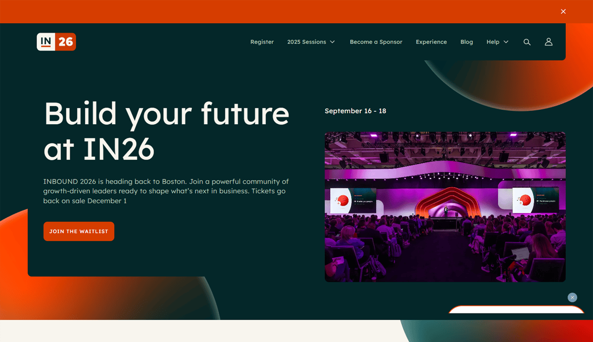 Screenshot of a conference website design for INBOUND 2026 featuring event details, a “Join the Waitlist” button, and a photo of a large audience facing a brightly lit stage with curved screens.