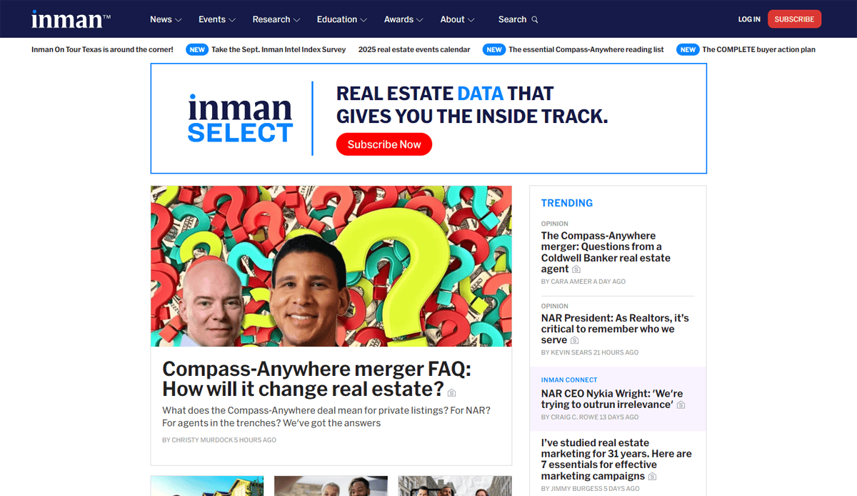 Screenshot of the Inman news website homepage featuring a headline about the Compass-Anywhere merger, images of two men, a colorful background with question marks, and trending real estate news links on the right sidebar—showcasing modern conference website design elements.