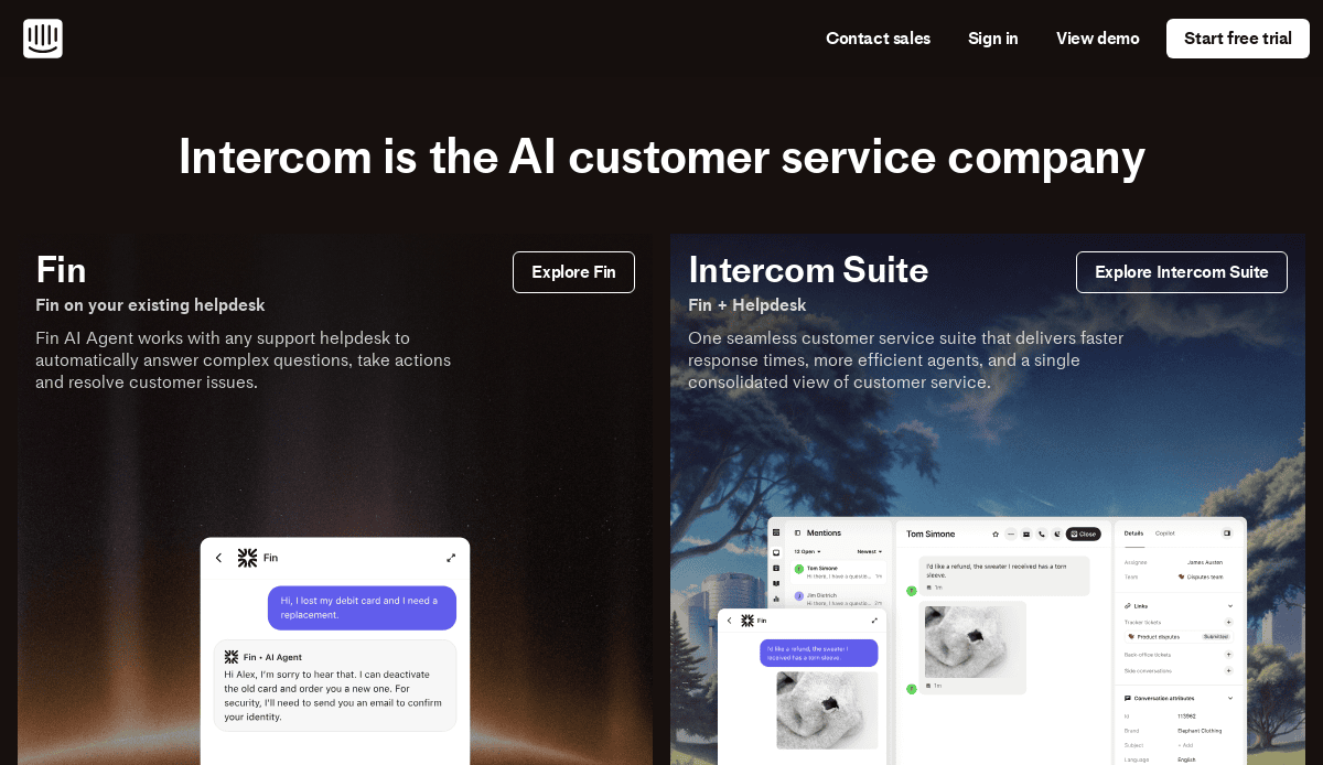 Screenshot of Intercom’s website showcasing its AI customer service tools. The page follows a modern B2B website design, highlighting Fin, an AI helpdesk agent, and Intercom Suite, with buttons to explore each digital brochure option.