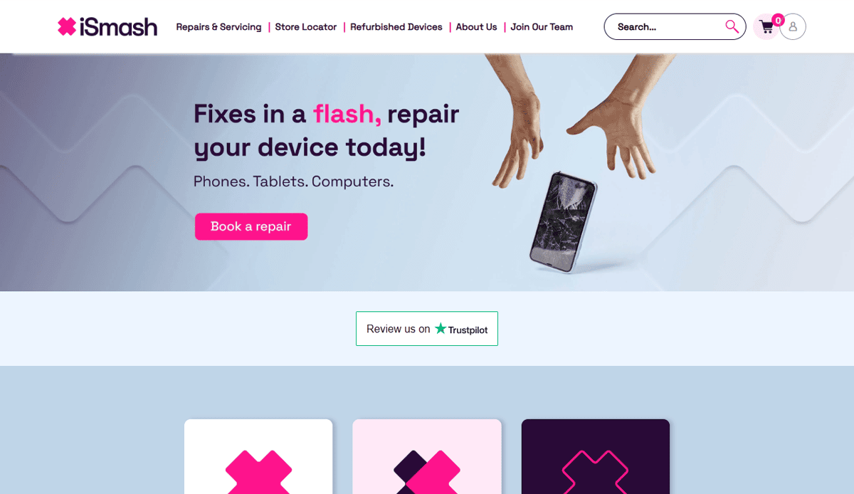 A cell phone repair website homepage for iSmash shows hands dropping a cracked smartphone with the text “Fixes in a flash, repair your device today!” plus easy options to book repairs for phones, tablets, and computers.
