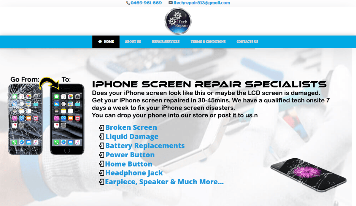 A website banner for Tech Repair showcasing Cell Phone Repair and iPhone screen repair services, featuring images of a cracked and fixed phone, service list, contact info, and a blue tech-themed logo at the top.