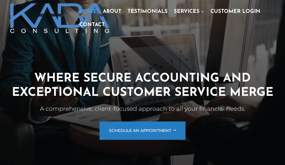 Two people in business attire sit at a table with a laptop displaying charts. The text reads: “Where secure accounting and exceptional customer service merge to help you win clients.” A blue “Schedule an Appointment” button is below.