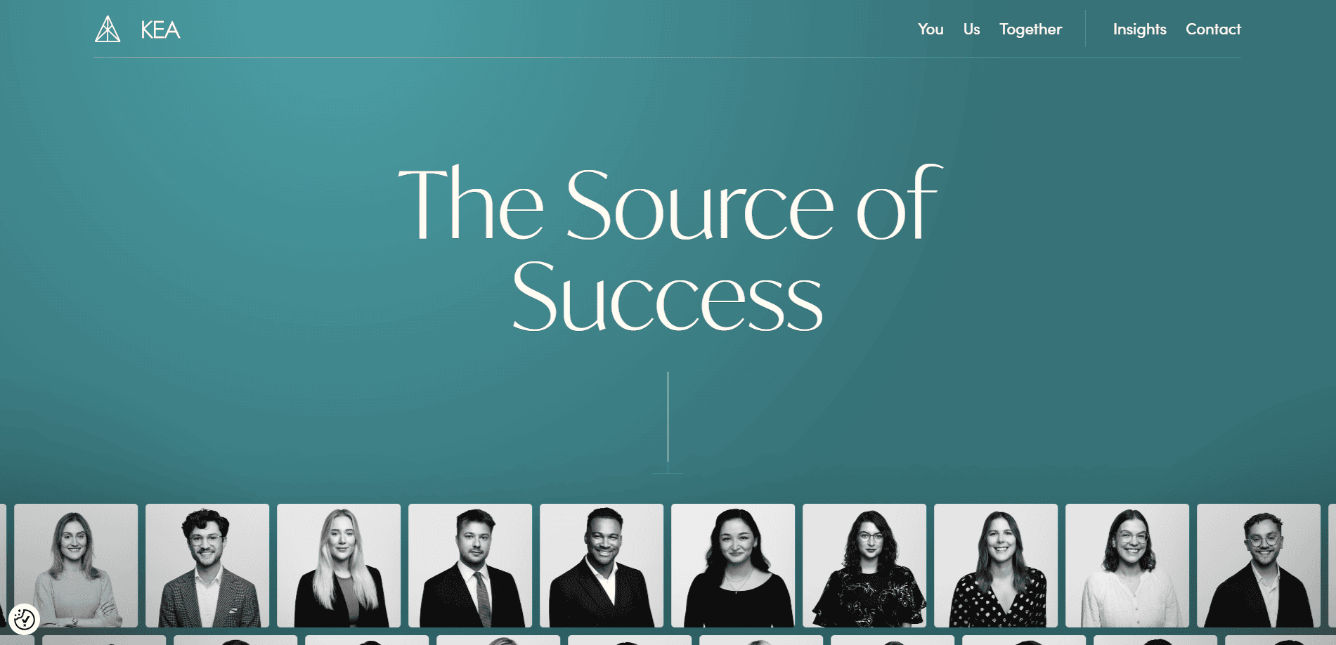 A consultant website design with a teal background, white text stating “The Source of Success,” and a row of grayscale headshots. The top menu—You, Us, Together, Insights, Contact—helps build a website that wins clients.