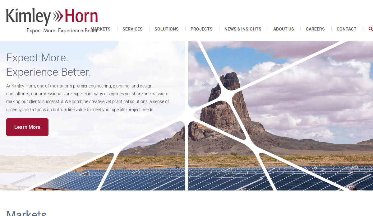 The Kimley-Horn website homepage showcases innovative website design, featuring a mountain landscape with solar panels, white geometric lines, and bold text: Expect More. Experience Better. A Learn More button invites visitors to explore their civil engineering expertise.