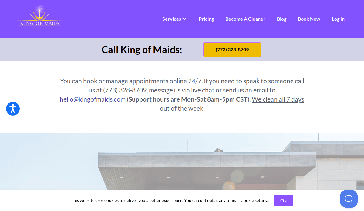 Screenshot of the King of Maids cleaning service website, featuring contact information, a yellow box with the phone number (773) 328-8709, and details about booking or managing appointments and support hours.