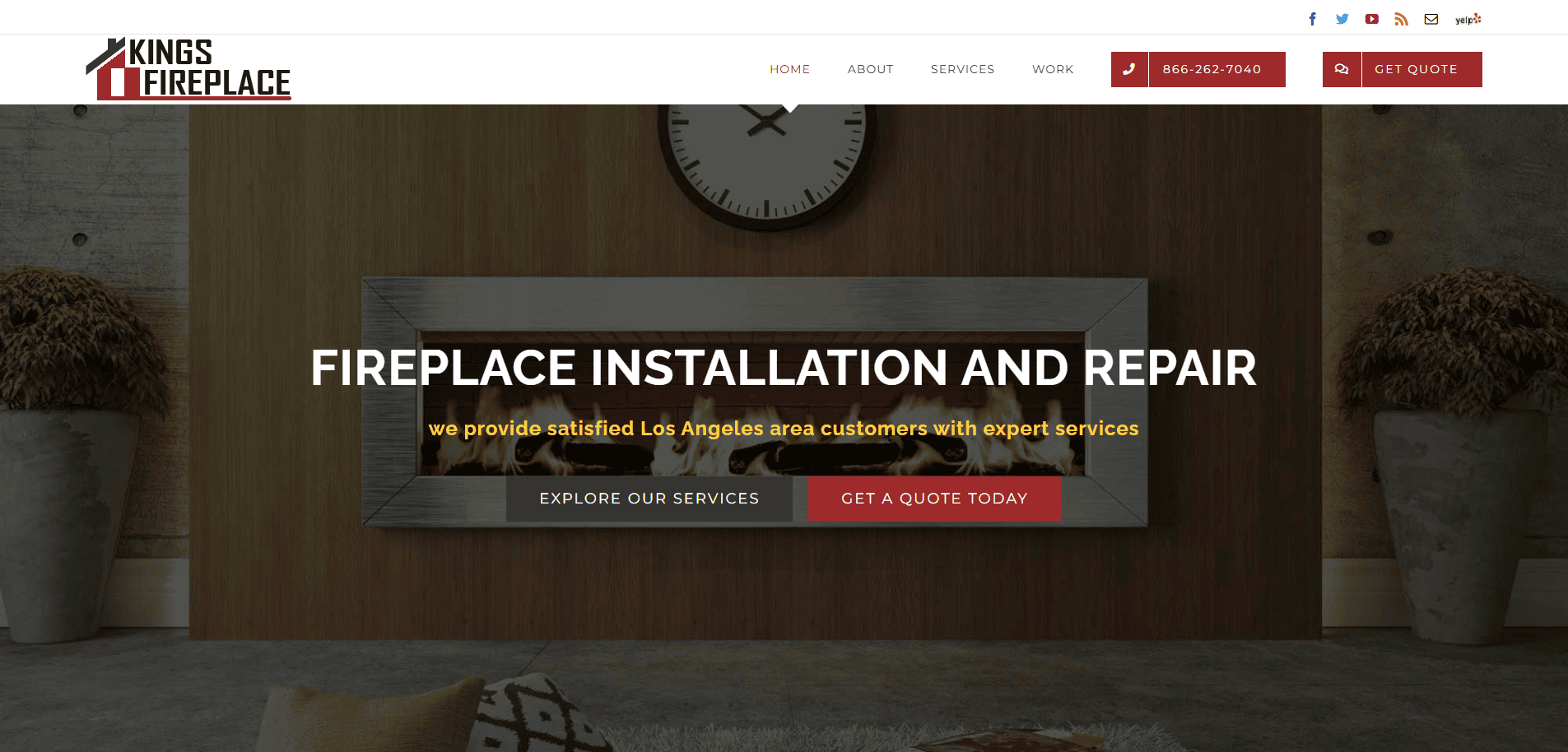 Homepage of Kings Fireplace featuring a modern wall-mounted fireplace, company logo, navigation menu, contact number, and buttons to explore services or get a quote. Expert in fireplace installation and repair with standout chimney website design.