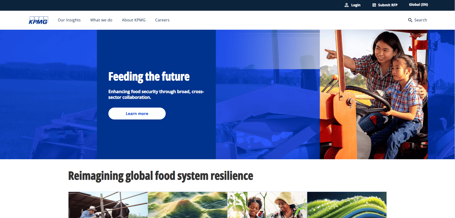 Screenshot of KPMG’s accounting firm website featuring “Feeding the future,” with an image of a woman and a child on a tractor, plus headlines about enhancing food security and reimagining global food system resilience.