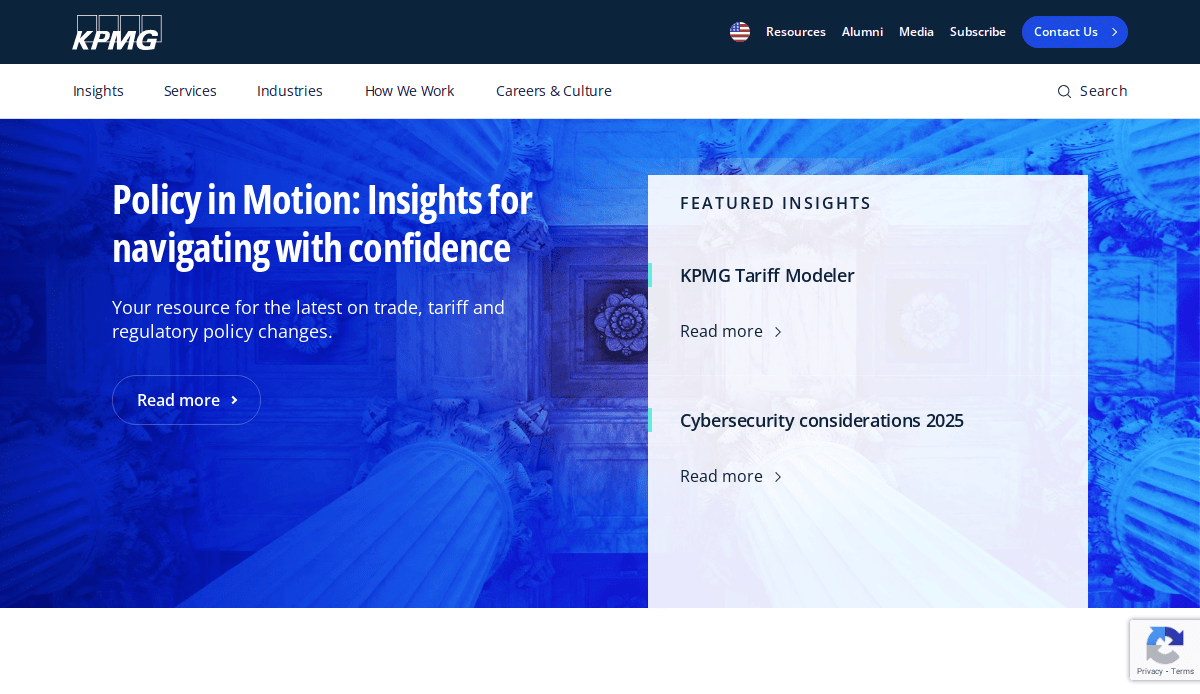 Screenshot of the KPMG accountant website homepage, featuring a blue-toned background with high-impact text promoting policy insights and confidence in regulatory changes, plus a sidebar highlighting featured topics like the KPMG Tariff Modeller and cybersecurity.