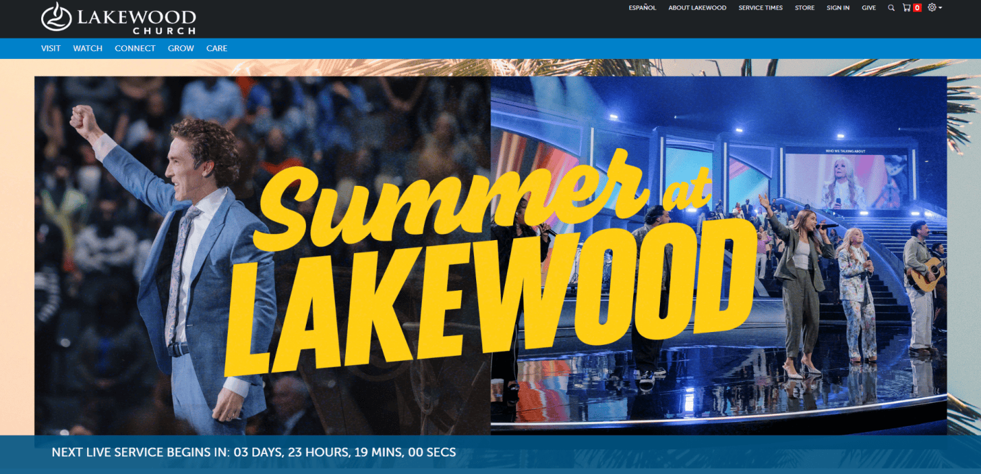 Lakewood Church website homepage featuring vibrant church website design, with Summer at LAKEWOOD text over images of a speaker and live band, navigation menus, and a service countdown banner—an engaging ministry tool for visitors.