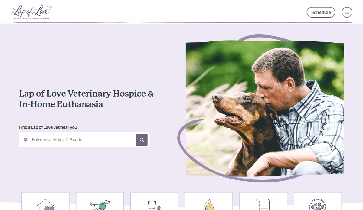 Homepage of Lap of Love Veterinary Hospice & In-Home Euthanasia, a professional veterinary website showing a man hugging and kissing a brown dog, with a search bar to find services by ZIP code and a Schedule button in the top right corner.
