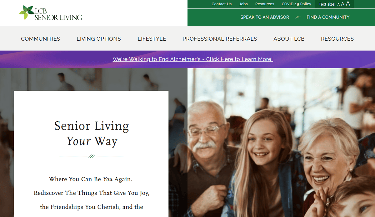 Screenshot of the LCB Senior Living assisted living website, featuring a smiling elderly couple with a young girl. The site’s digital front door highlights menus for communities, living options, and lifestyle information.