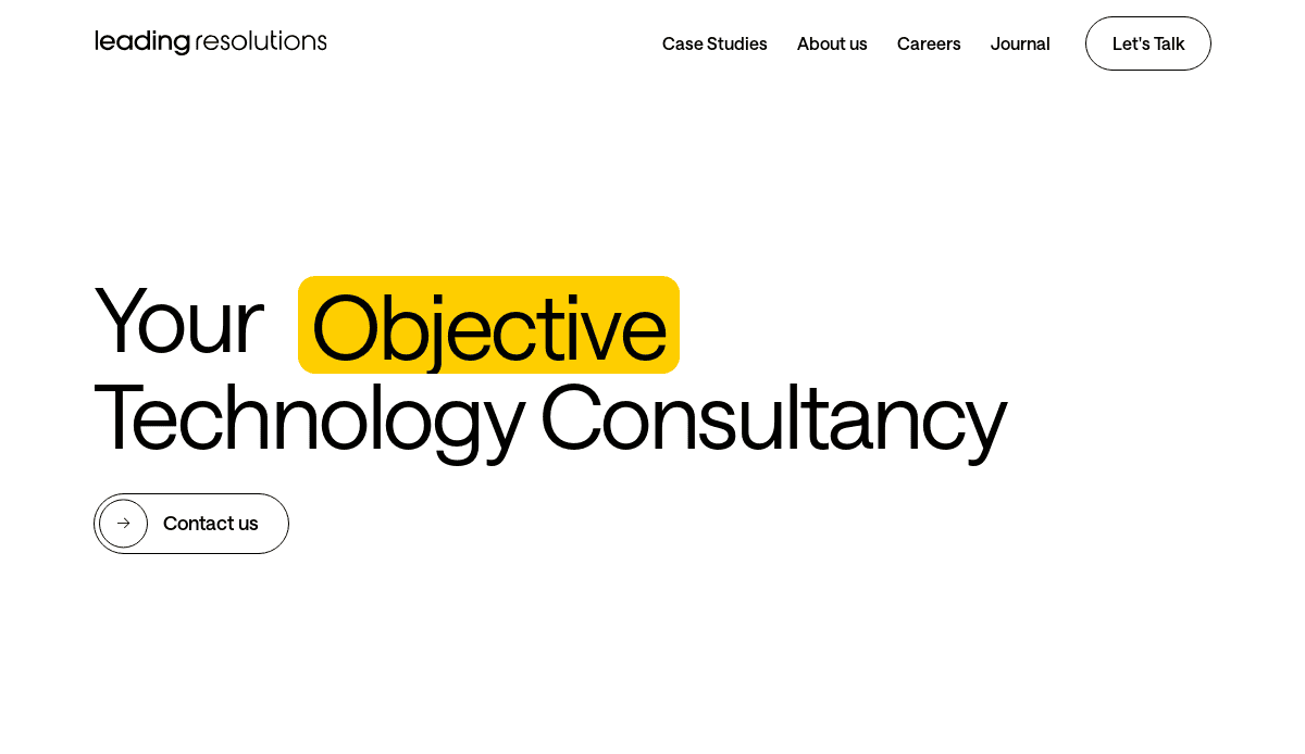 A website homepage with the text Your Objective Technology Consultancy; the word Objective is highlighted in yellow. A Contact us button and navigation links are visible—perfect for a consultant website design that helps build trust and win clients.