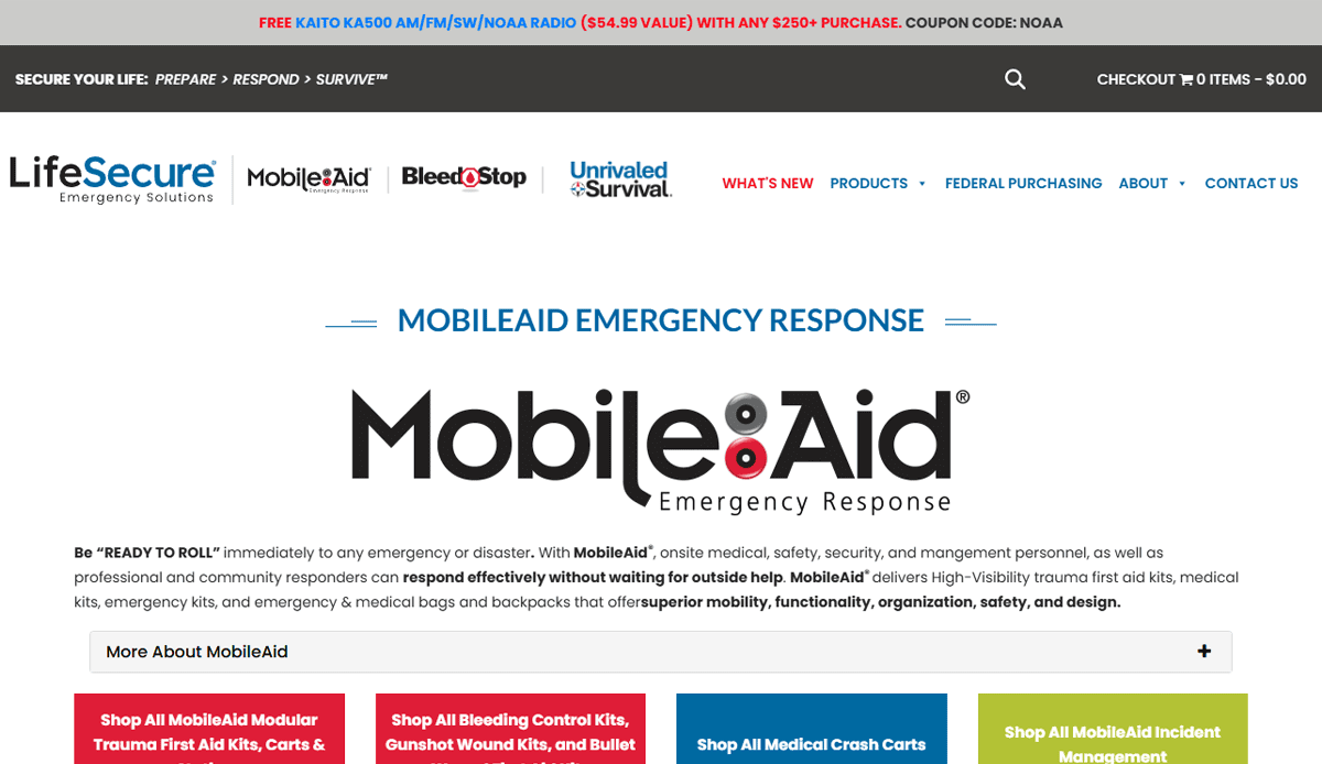 Screenshot of the LifeSecure website design showcasing MobileAid emergency response products, with navigation menus, a highlighted MobileAid logo, and links to categories like trauma kits, bleeding control, and medical crash carts.