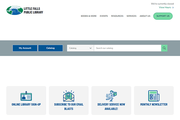 Screenshot of the Little Falls Public Library website homepage, showcasing navigation menus, a search bar, and icons for online library sign-up, email subscription, delivery service, and the monthly newsletter.