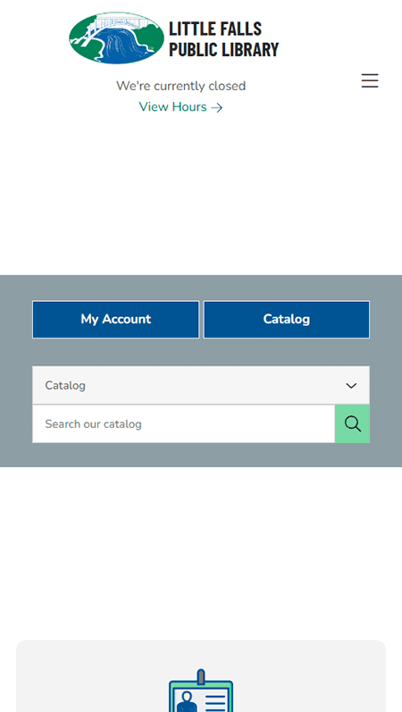 Screenshot of the Little Falls Public Library website displaying navigation, online services links, event listings, a winter-themed Little Falls Public Library banner, contact information, and hours of operation.