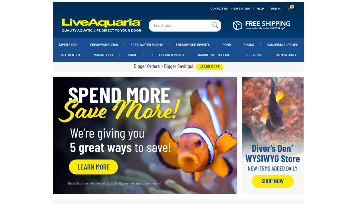 Screenshot of the LiveAquaria homepage showcasing aquarium website design, with a clownfish banner stating “Spend More, Save More! We’re giving you 5 great ways to save!” plus navigation menus and a free shipping offer.
