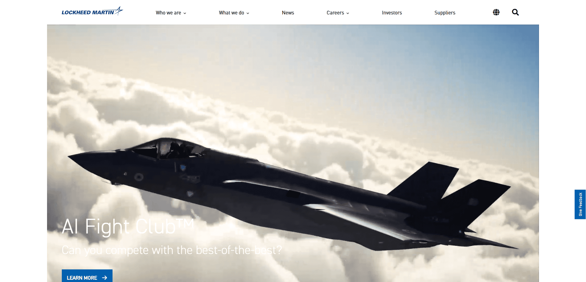 A fighter jet soars above the clouds during daylight on Lockheed Martin’s homepage, highlighting digital hangar innovation. The text AI Fight Club™ Can you compete with the best-of-the-best? appears on the left.