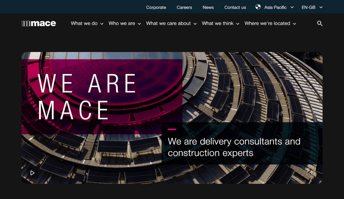 A professional construction website homepage for Mace featuring a circular architectural structure and the text We are Mace and We are delivery consultants and construction experts overlaid on the image. The top menu offers Commercial Construction Website Design navigation options.