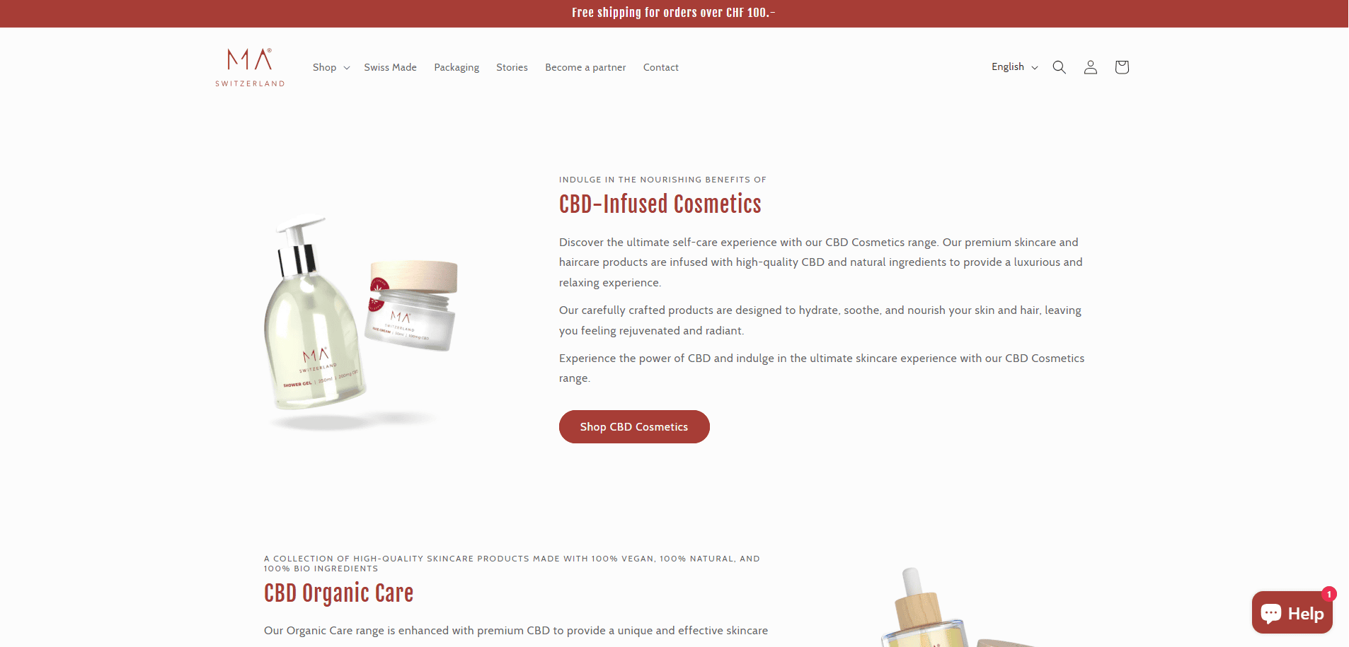 Screenshot of a high-performing Cannabis website design for MA Switzerland showcasing CBD-infused cosmetics. The page features product images, descriptions of benefits, and a prominent red button labeled Shop CBD Cosmetics.
